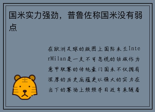 国米实力强劲，普鲁佐称国米没有弱点